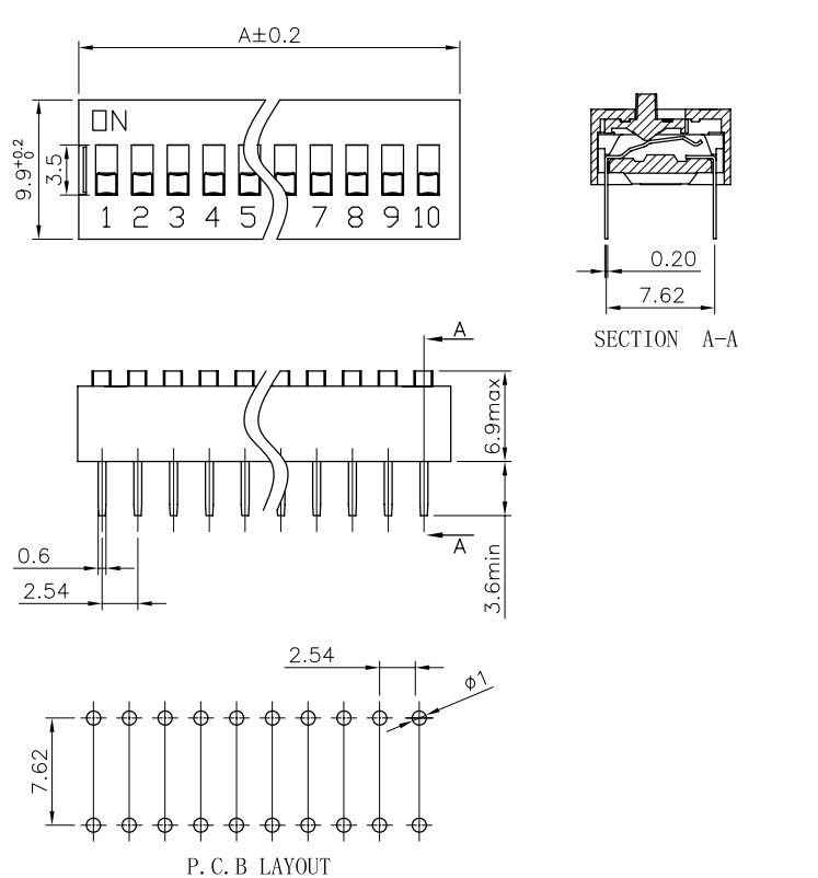 Drawing for dip switch DS Series, RJS Electronics Ltd