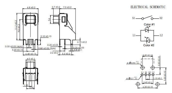 Drawing of TP6152TRL-H55 PCB LED illuminated tact switch, tactile switch, 11.7mm height, LED switches, RJS Electronics Ltd