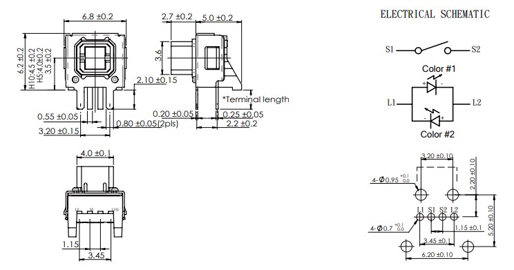 Drawing of TP6152TRL PCB LED illuminated tact switch, tactile switch, LED switches, RJS Electronics Ltd