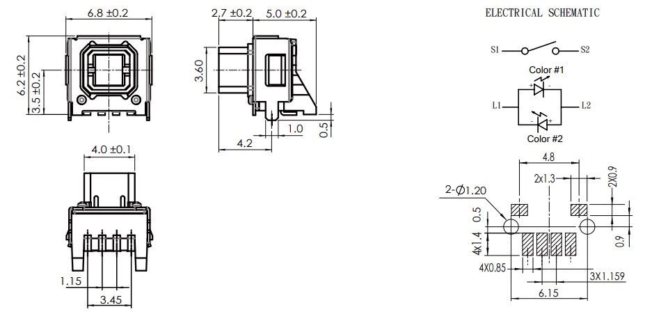 Drawing of TP6152TRML PCB LED illuminated tact switch, tactile switch, LED switches, RJS Electronics Ltd