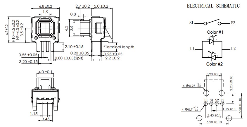 Drawing of TP6153TRL PCB LED illuminated tact switch, tactile switch, LED switches, RJS Electronics Ltd