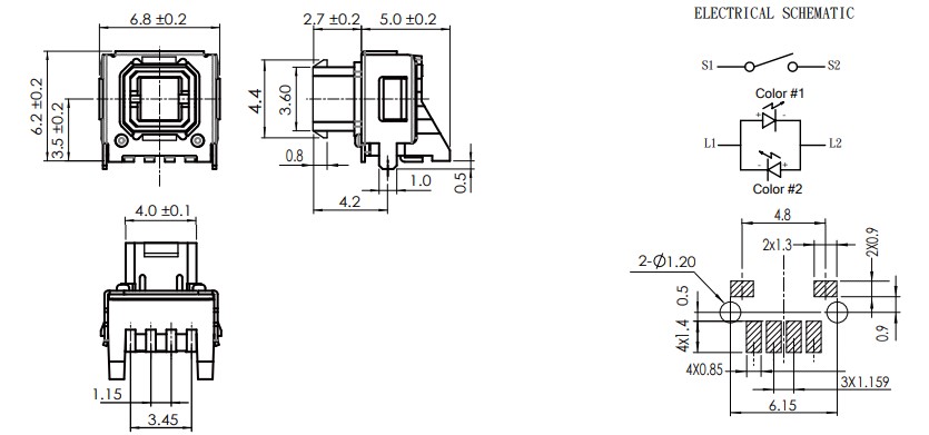 Drawing of TP6153TRML PCB LED illuminated tact switch, tactile switch, LED switches, SMT type, RJS Electronics Ltd