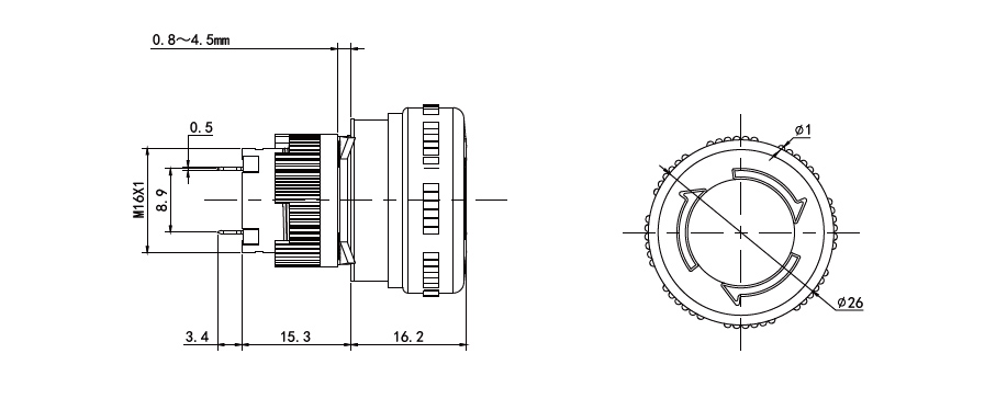 plastic panel mount emergency stop switch, e-stop, technical drawing, rjs electronics ltd