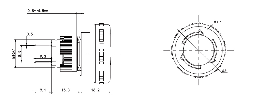 Technical drawing for emergency stop switch, rjs electronics ltd