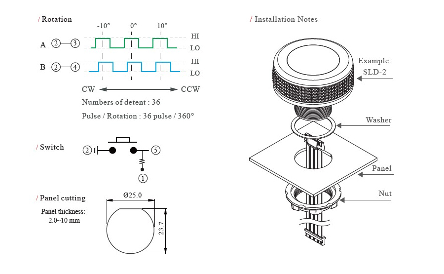 Drawing of circuit, panel cutting and installation for RJS-SLD programmable navigation switch, panel mount switches, push button switch, rotary encoder, navigation module, digital display with white LED backlight, LED switches, RJS Electronics Ltd