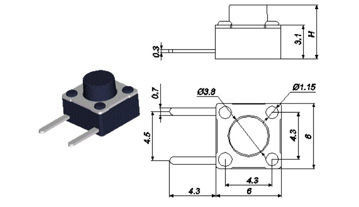 RJS-TACT-D25-H, tact switch drawing, rjs electronics ltd