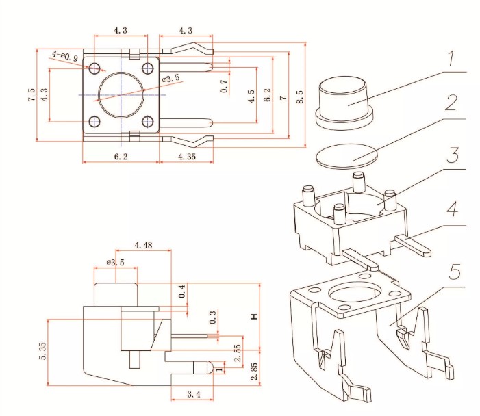 RJS-TACT-D30-H tact switch drawing, rjs electronics ltd