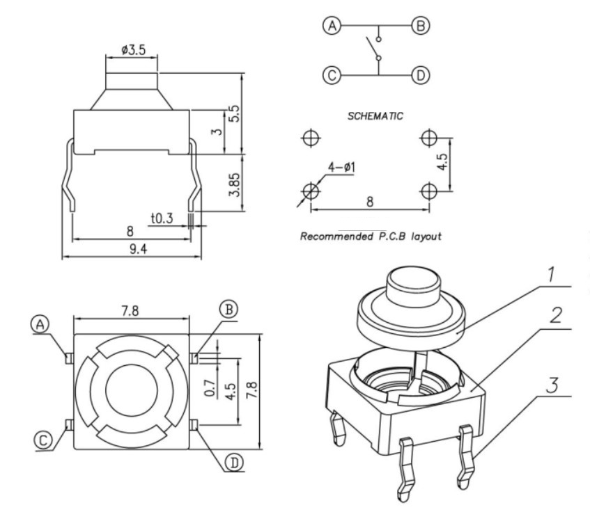 RJS-TACT-D34 tact switch drawing, rjs electronics ltd