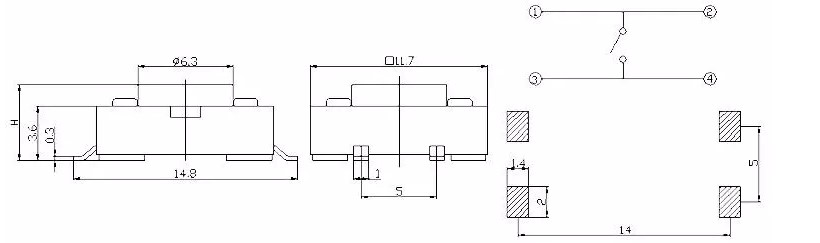 Tact switch, RJS-TACT-D36-H, drawing, rjs electronics ltd