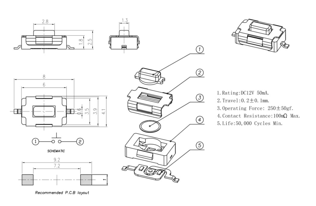 Tact switch technical drawing, rjs electronics ltd