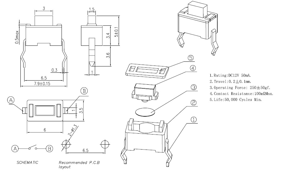 Tact switch drawing, rjs electronics ltd