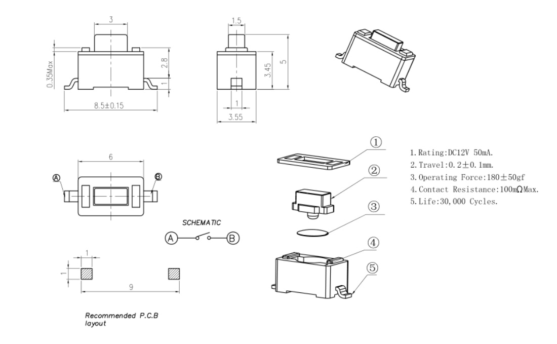 Tact switch drawing, rjs electronics ltd