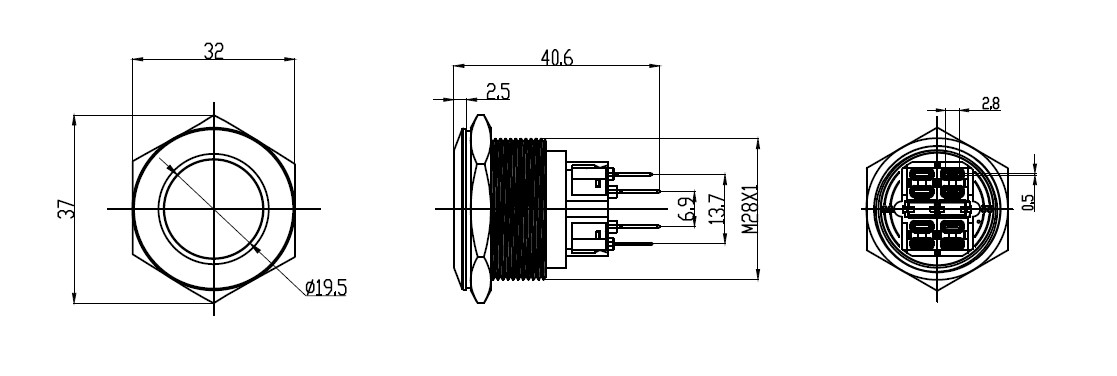 Technical drawing for 28mm metal anti vandal switch, panel mount button, rjs electronics ltd