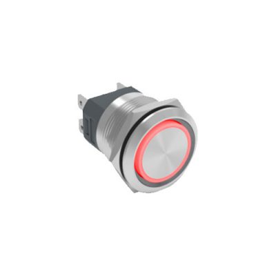 RJS107-22L(A)-F-R~67J 22mm metal push button switch, latching, ring led illumination, high current, panel mount, LED SWITCHES, rjs electronics ltd