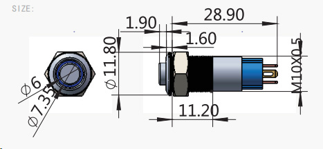 drawing for antivandal push button switch with LED illumination - rjs electronics ltd