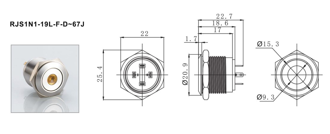 drawing for LED antivandal switch, rjs electronics ltd