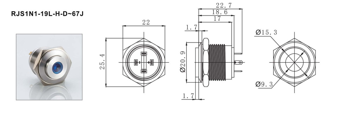 19mm antivandal drawing, rjs electronics ltd