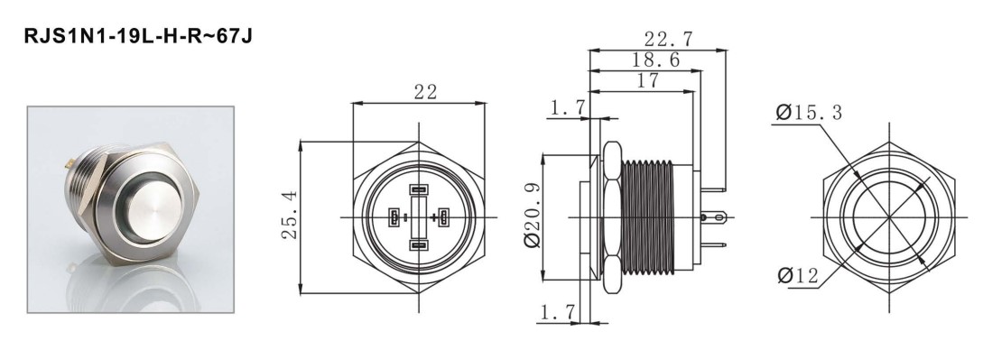 19mm antivandal drawing, rjs electronics ltd