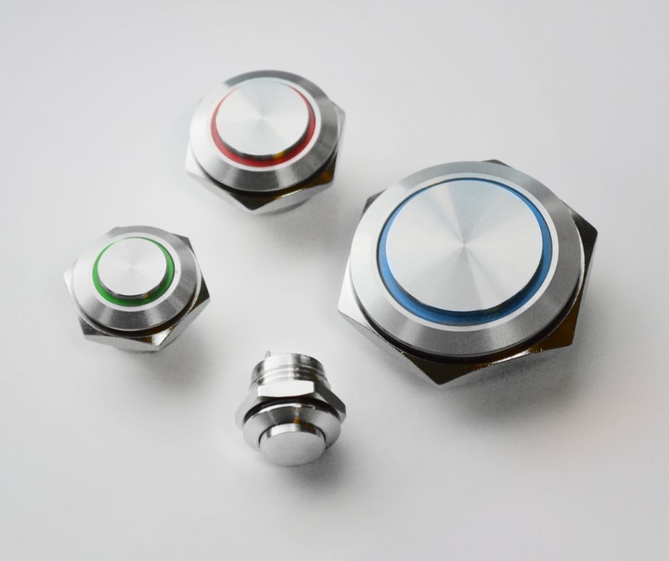 low profile, anti vandal, metal push button switch, micro travel, led illuminated, rjs electronics ltd