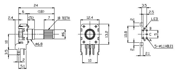 Drawing of RJSILLUME-12S24202 horizontal type LED illuminated rotary encoder with single LED, LED switches, pcb mount switch, RJS Electronics Ltd