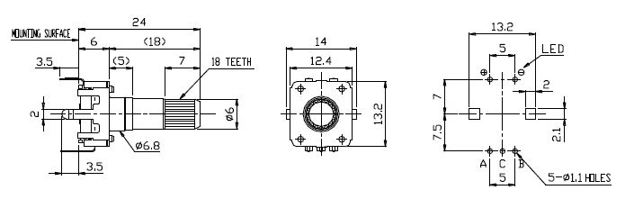 Drawing of RJSILLUME-12S24204 PCB mount led illuminated rotary encoder with push button switch, LED switches, RJS Electronics Ltd