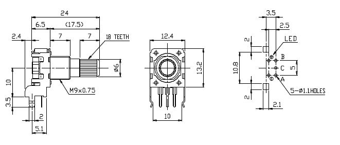 Drawing of RJSILLUME-12S24207 horizontal type LED illuminated rotary encoder with single LED, LED switches, pcb mount switch, RJS Electronics Ltd