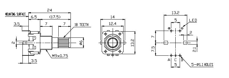 Drawing of RJSILLUME-12S24208 PCB mount led illuminated rotary encoder with push button switch, vertical type mounting with bushing, LED switches, RJS Electronics Ltd