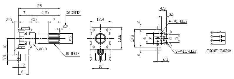 Drawing of RJSILLUME-12S24212 PCB mount led illuminated rotary encoder with push button switch, horizontal type, LED switches, RJS Electronics Ltd