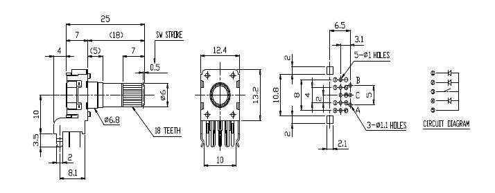 Drawing of RJSILLUME-12S24212KM PCB mount led illuminated rotary encoder with push button switch, LED switches, RJS Electronics Ltd