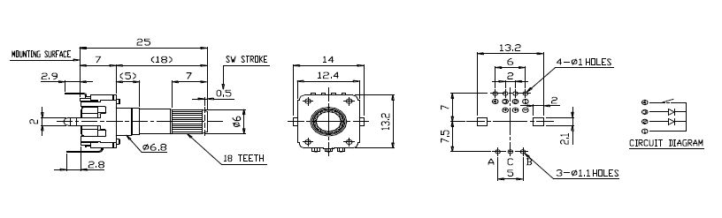 Drawing of RJSILLUME-12S24214 PCB mount led illuminated rotary encoder with push button switch, LED switches, RJS Electronics Ltd
