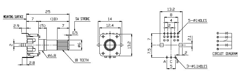 Drawing of RJSILLUME-12S24214KM, PCB mount led illuminated rotary encoder with push button switch, three colour illumination, LED switches, RJS Electronics Ltd