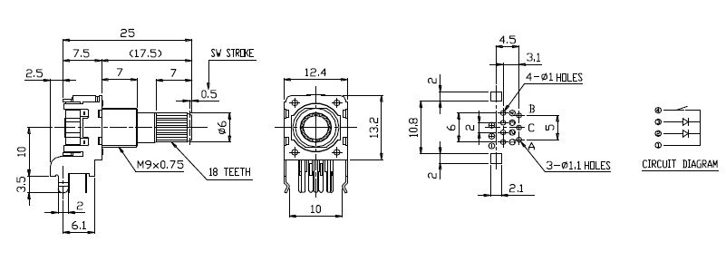 Drawing of RJSILLUME-12S24217 PCB mount led illuminated rotary encoder with push button switch, horizontal type, LED switches, RJS Electronics Ltd