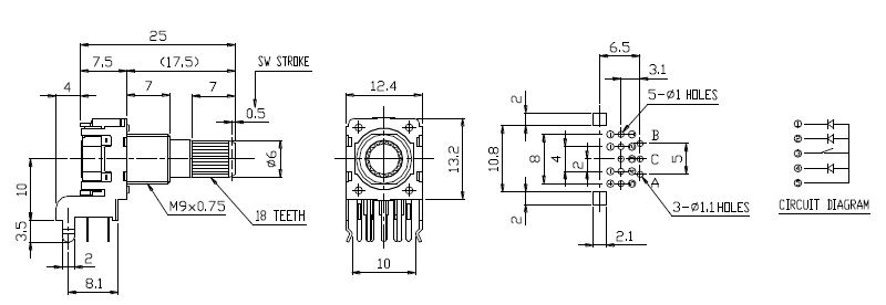 Drawing of RJSILLUME-12S24217KM, PCB mount led illuminated rotary encoder with push button switch, three colour illumination, horizontal type, LED switches, RJS Electronics Ltd