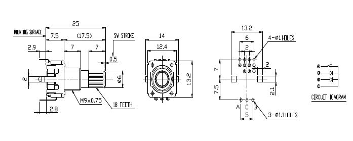 Drawing of RJSILLUME-12S24218 PCB mount led illuminated rotary encoder with push button switch, LED switches, RJS Electronics Ltd