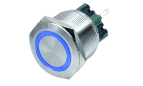 Anti-vandal push button switch with ring LED illumination, metal switches, LED switches, RGB switches, panel mount, IP rated, construction machinery controls, RJS Electronics Ltd