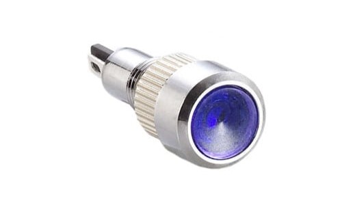 LED illuminated metal indicator, industrial controls, agricultural components, panel mount, RJS Electronics Ltd