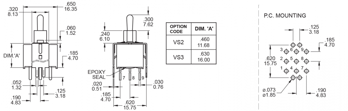 pcb, TOGGLE SWITCH DRAWING - 1A - VS2-VS3- 3PDT RJS ELECTRONICS LTD